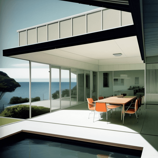 AI generated: Hyper realistic eye level exterior photo of a mid century modern style house overlooking the ocean, ...