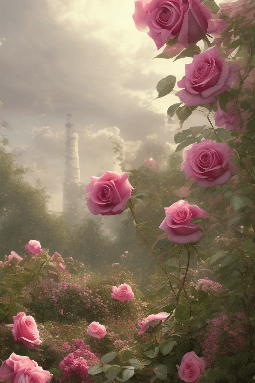 AI generated: << Garden factory, Tall factory, Many pink rose, A few roses, clouds, ultra wide shot, atmospheric, ...