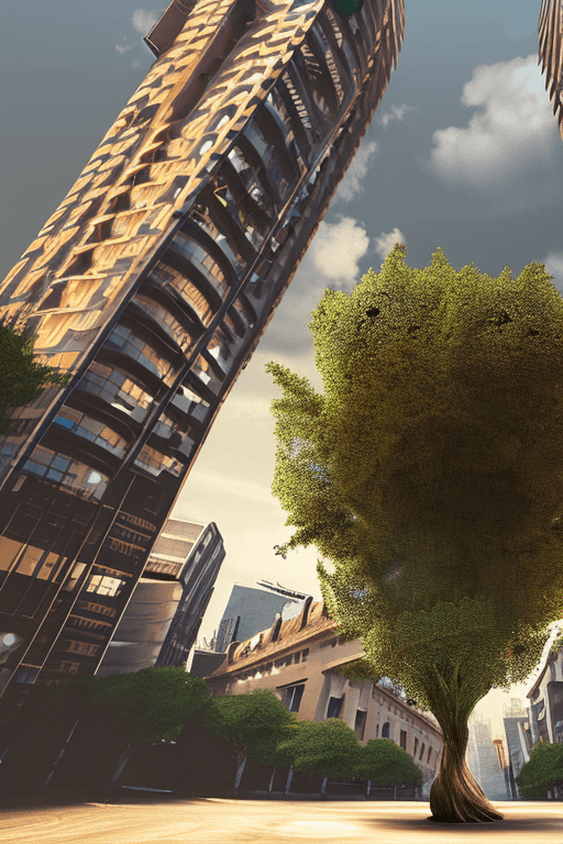 AI generated: a massive tree in the center of the frame with city buildings around it.   Earth life is based off t...