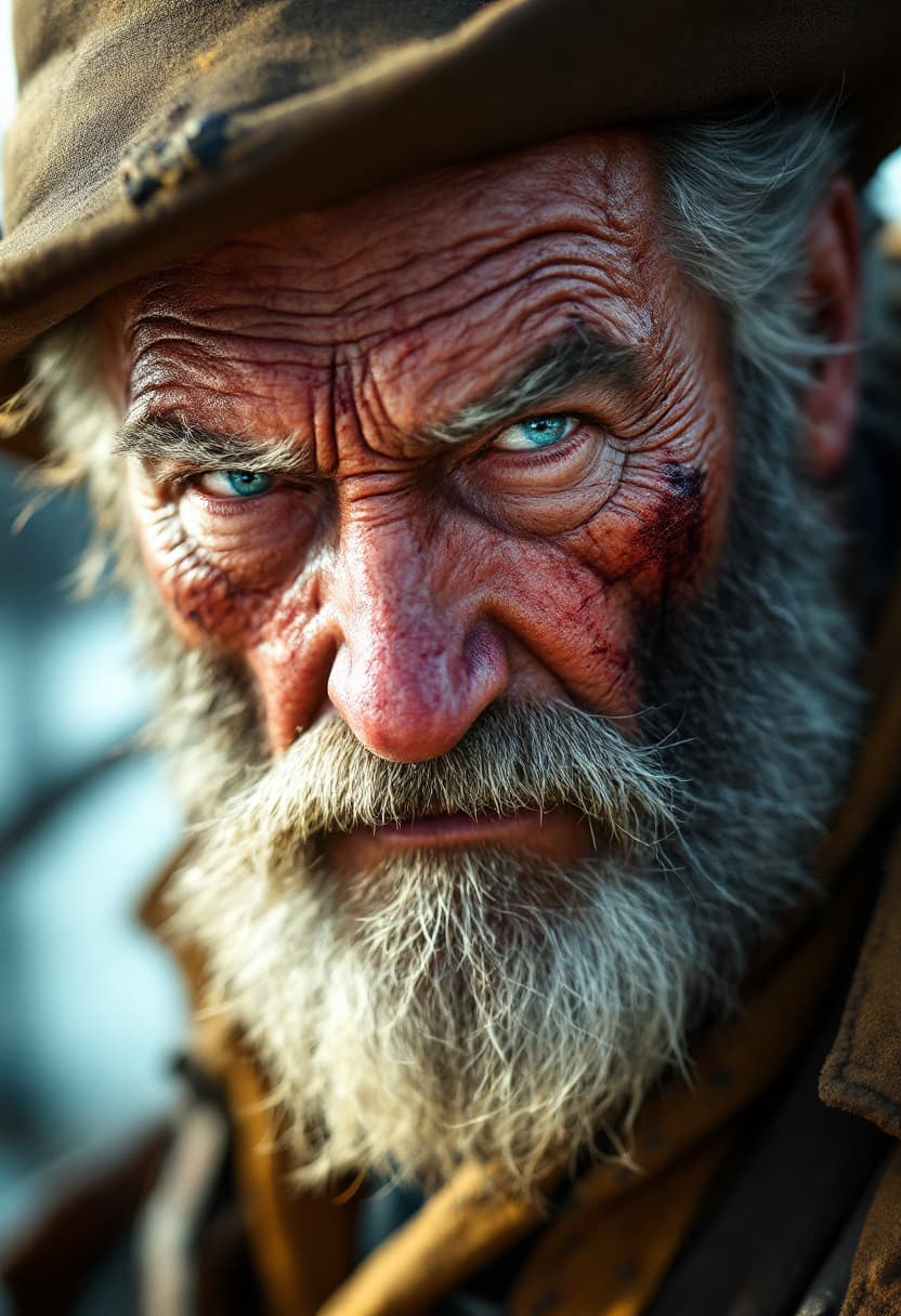 AI generated: Wolverine, experienced in combat, wounds, deep wrinkles, white beard, fisherman hat, slightly blurre...
