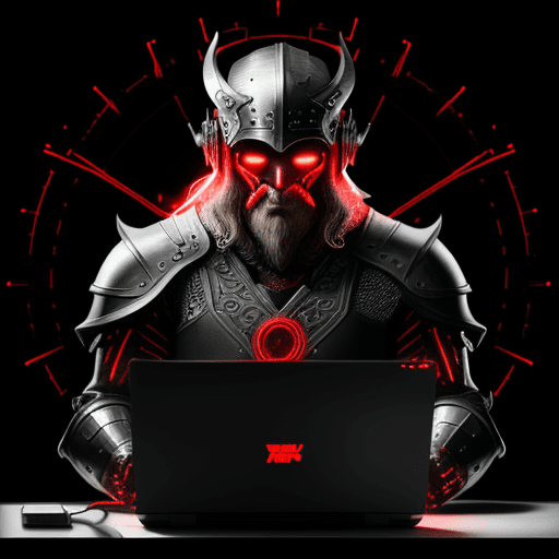 AI generated: Viking with work appearance, half body without face, using transparent laptop doing a speed test, sp...