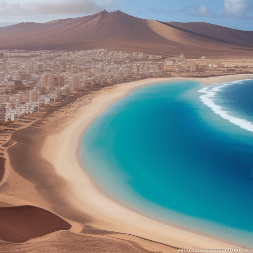 AI generated: crea una fotografía dónde se vea el Fuerteventura desde la costa de África a lo lejos (está a 97km)