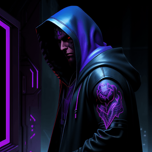 AI generated: hooded man, dark, low light, cyberpunk tattoo designs , in the style of silkscreen, purple and blue,...