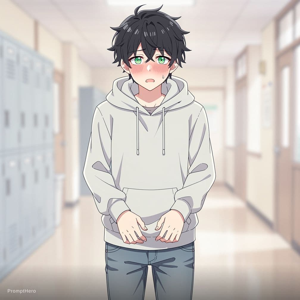 AI generated: black hair green eyes eyebags anime cute shota looks embarrassed as he pees himself in underwear 