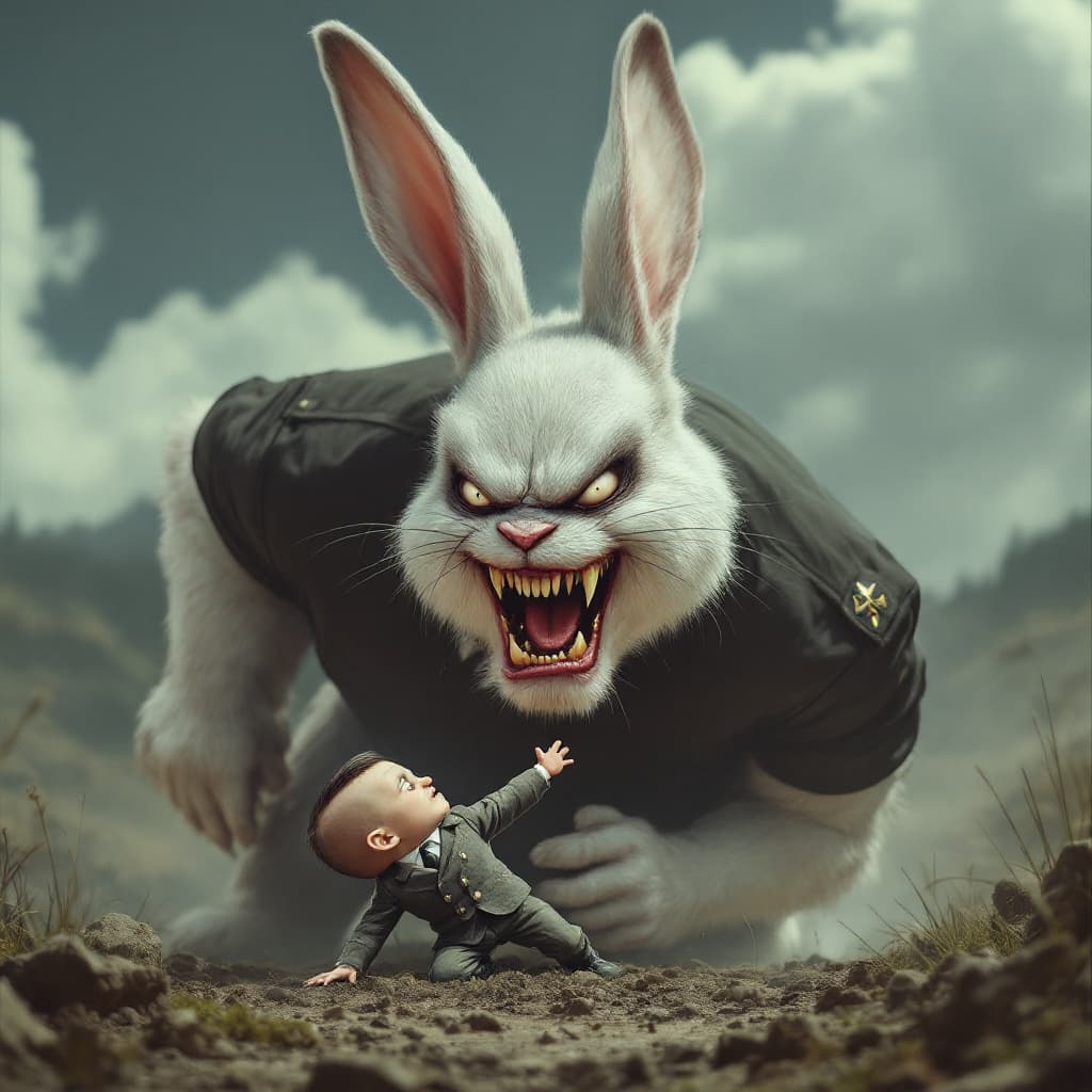 AI generated: A small man looking like Adolf Hitler having his head bitten off by an evil giant angry bunny rabbit...