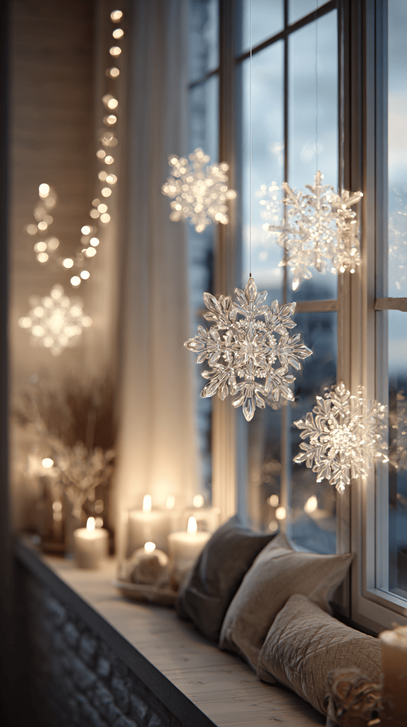 AI generated: home, cozy year-end decor scene, window decals snowflakes, styled with sage and off white, twilight ...