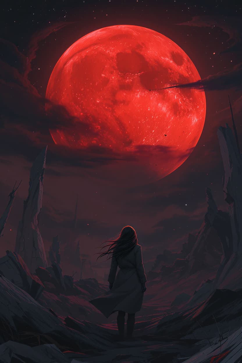 AI generated: a gorgeous out of this world girl standing by the dystopian end of the world landscape, the moon is ...