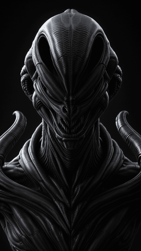 AI generated: alien head with a large, sharp, sharp, and sharp face, concept art inspired by Giger, zbrush central...