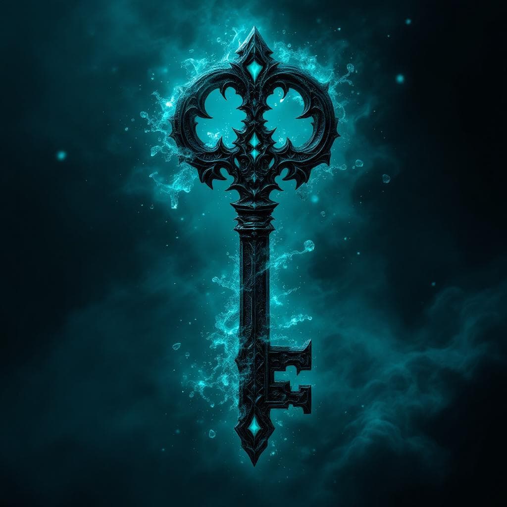 AI generated: Create a key made of black and Teal Quartz with darkness and shadows flowing at the hilt  - Darkness...
