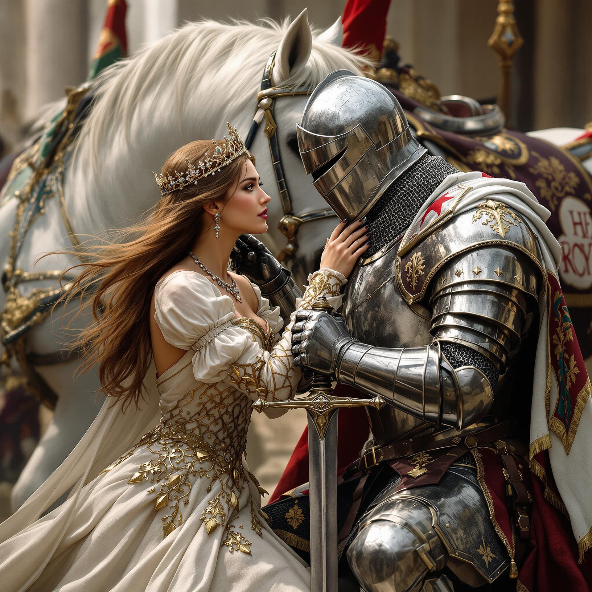 AI generated: An ultra-realistic, zoomed out,  full-body portrait of a noble Knight in battle damaged silver armor...