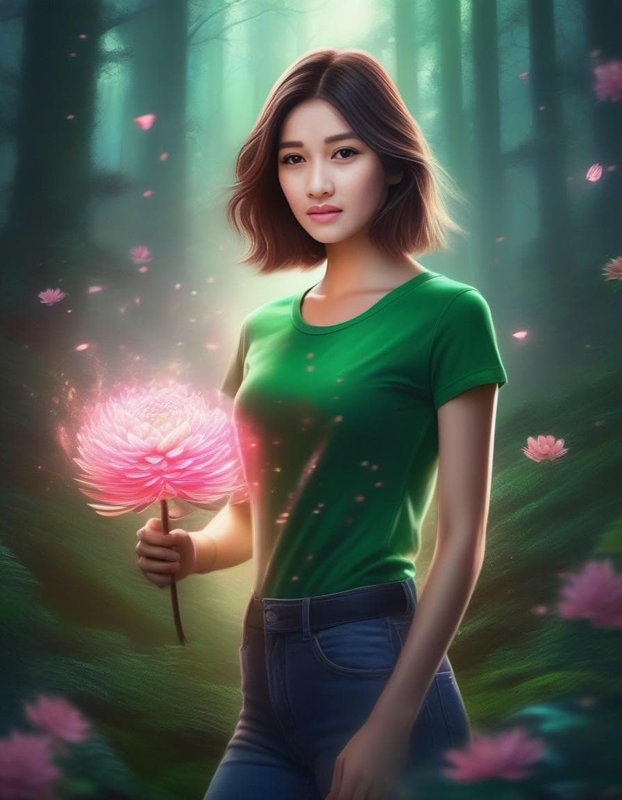 AI generated: a beautiful 18 year old girl, wearing a green t-shirt and short jeans walking in the middle of a sca...