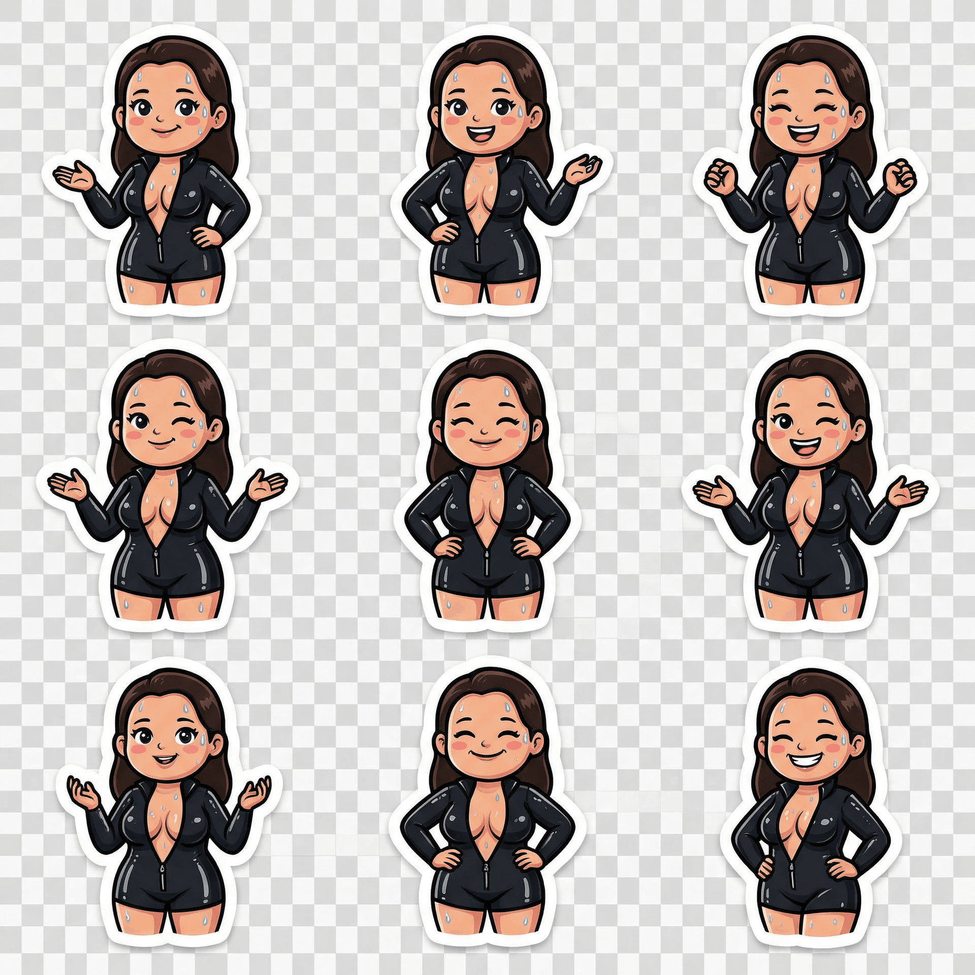 AI generated: short latex open outfit,  sweat skin, very cute smile,
