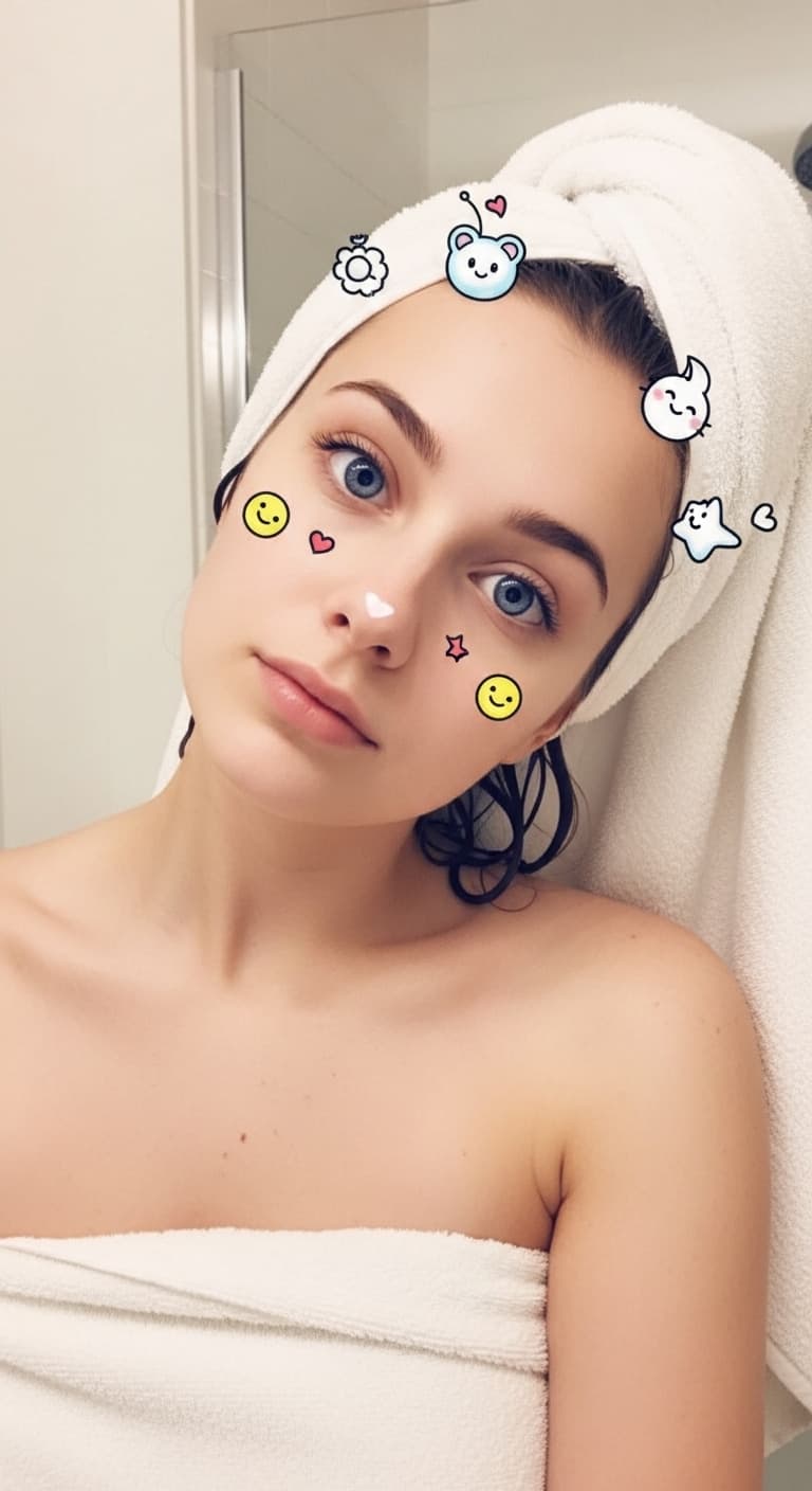 AI generated: low quality phone photo, snapchat, front shot, upper body, 25 year old girl, in the bathroom, just o...