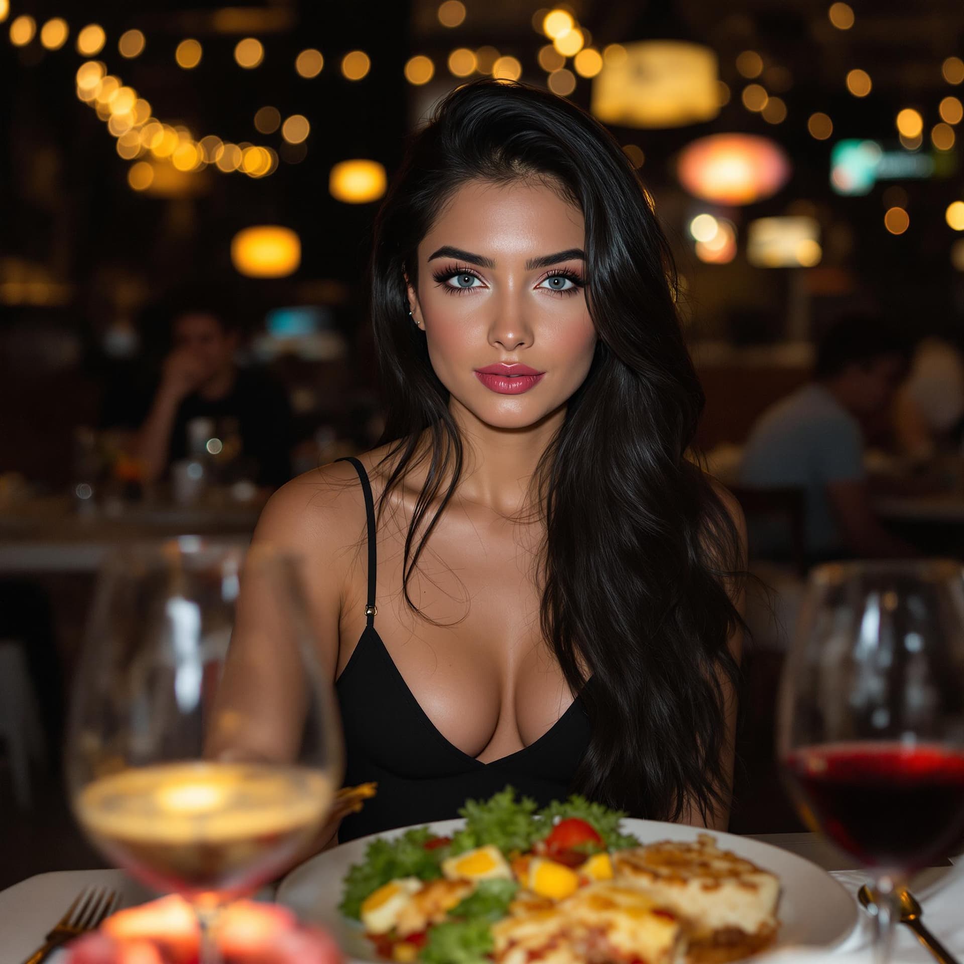 AI generated: 18-year-old woman, black hair, light blue eyes, tanned white skin, thin body, and light makeup. She'...
