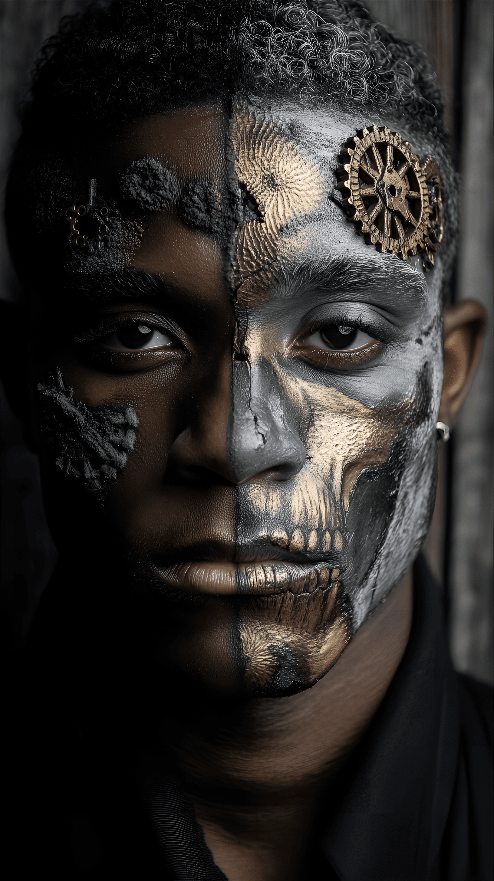 AI generated: close-up portrait of a person's face, split vertically. The left side of the face is painted in dark...