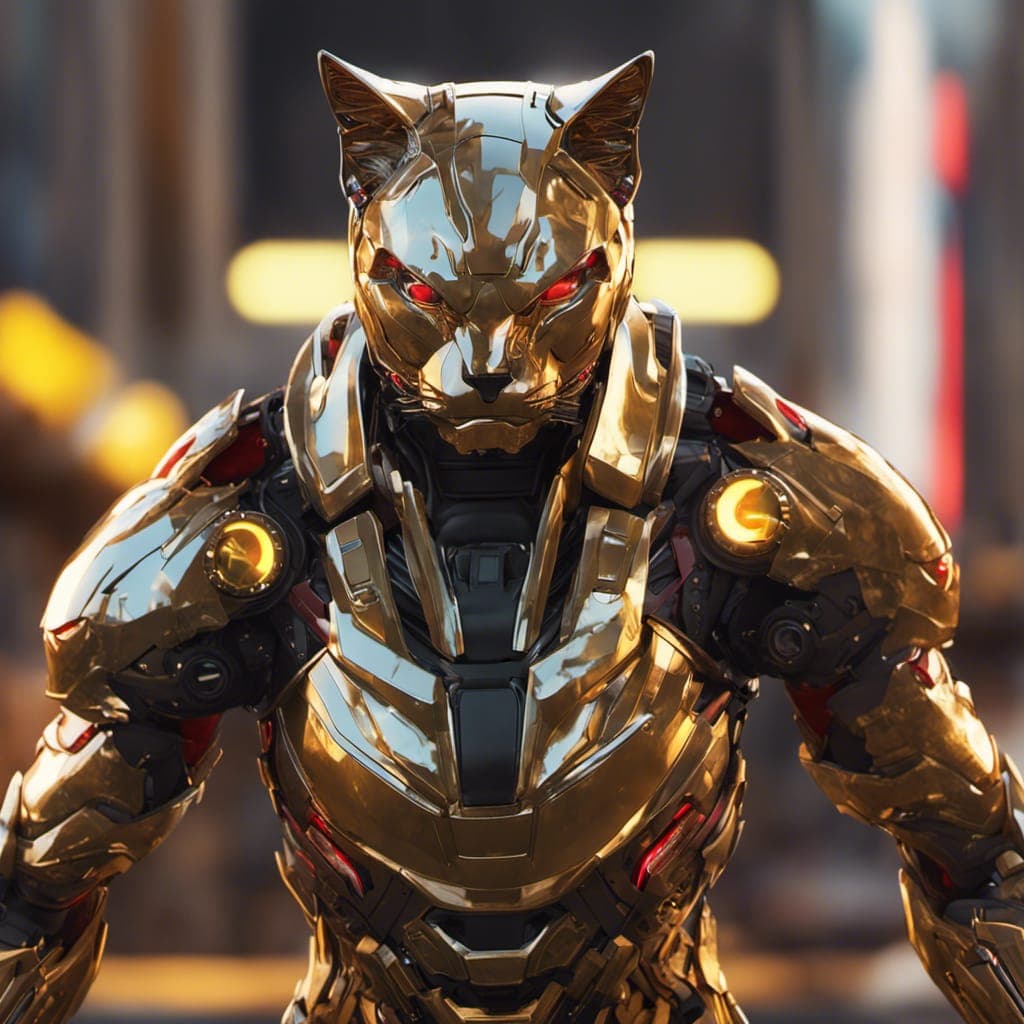 AI generated: an image of cat, alert pose, cyberpunk style, wearing bionic helmet, wearing iron man armor, high de...