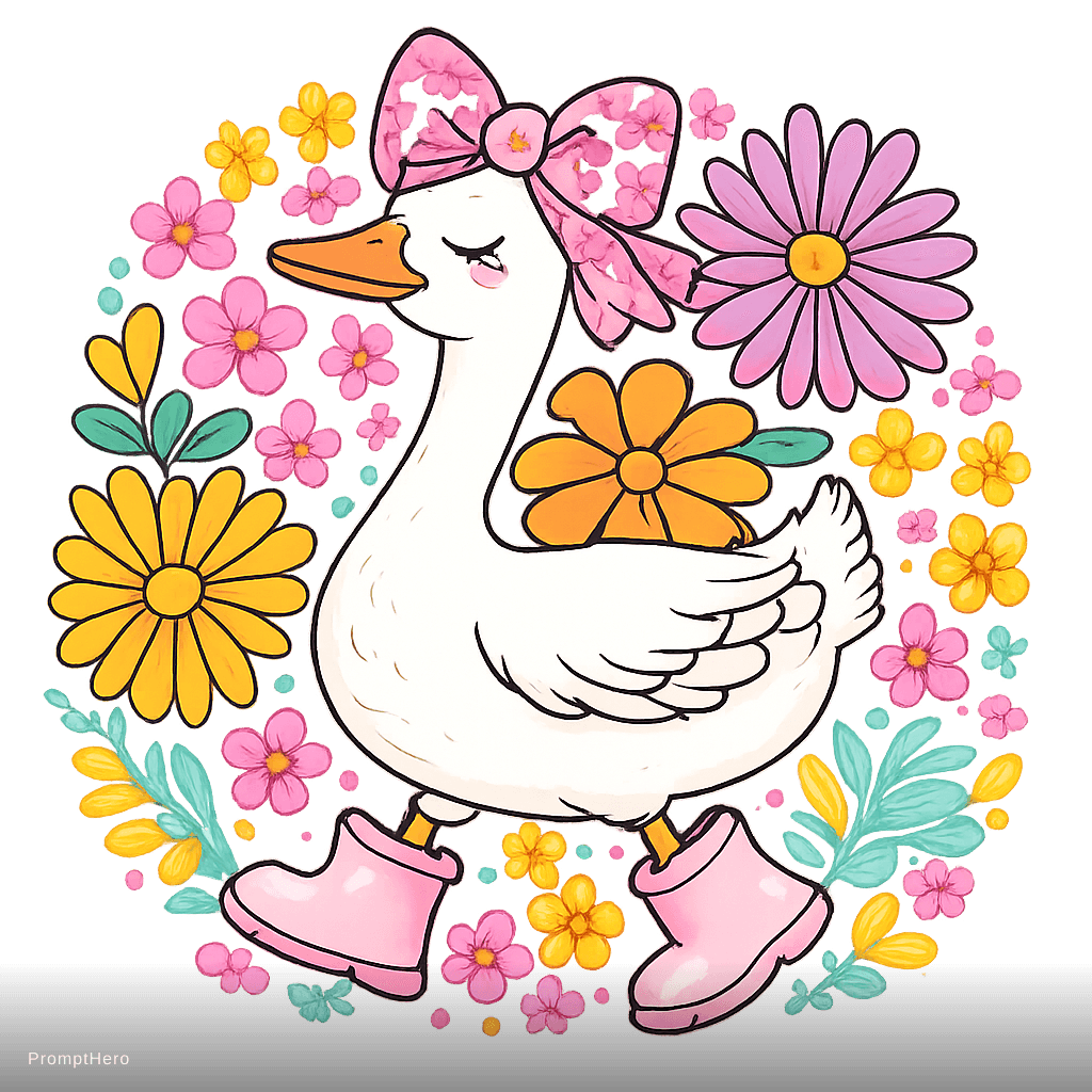 AI generated: Cute white duck walking confidently, wearing glossy pastel pink boots and an oversized girly leopard...