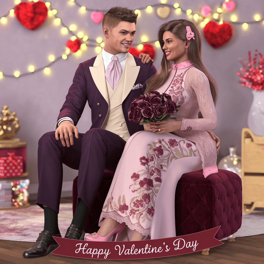 AI generated: Realistic 3D photo of a couple, a 40-year-old British husband, tall, with short brown hair, wearing ...