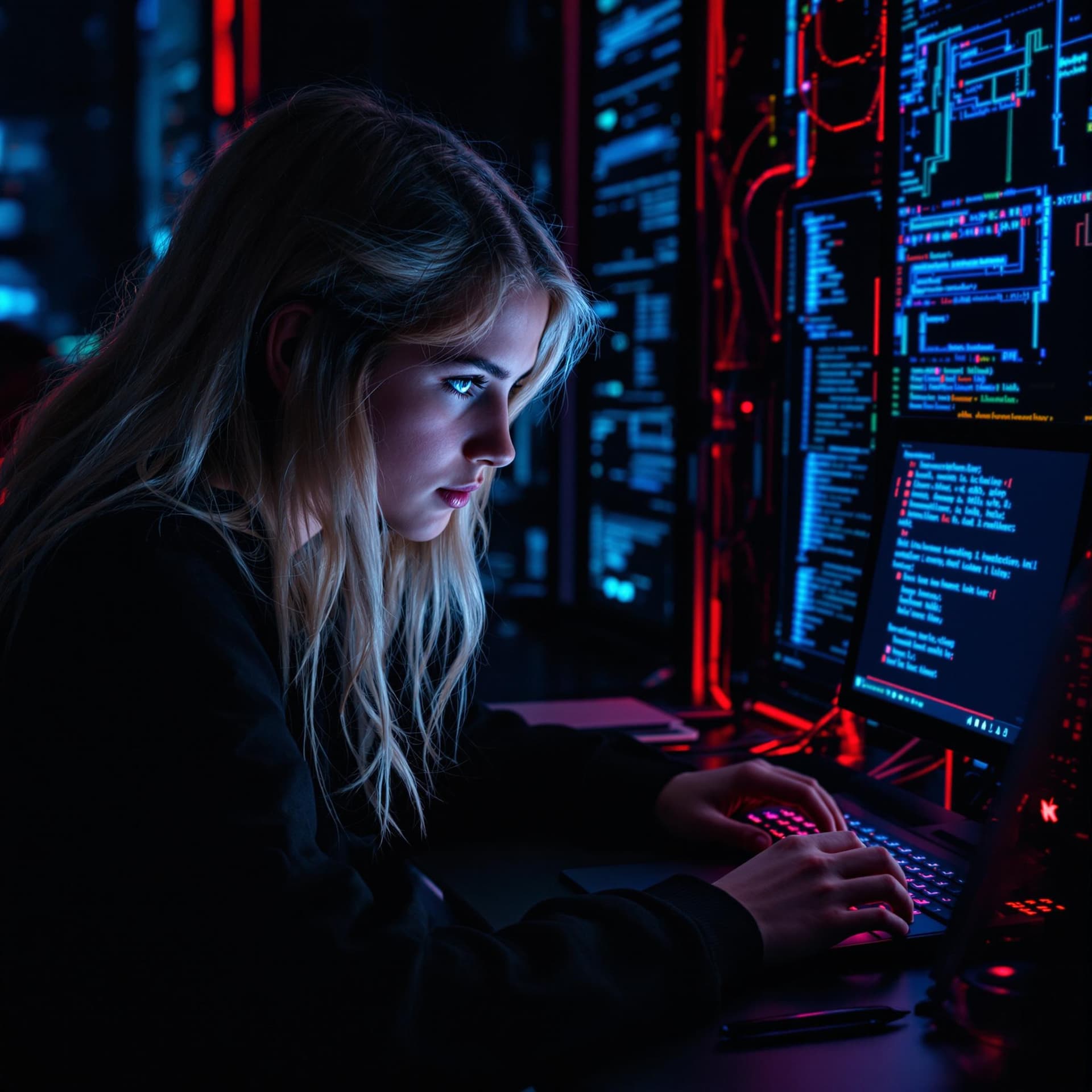 AI generated: A young, blonde, blue eyed hacker using Kali Linux to penetrate an advanced computer system.