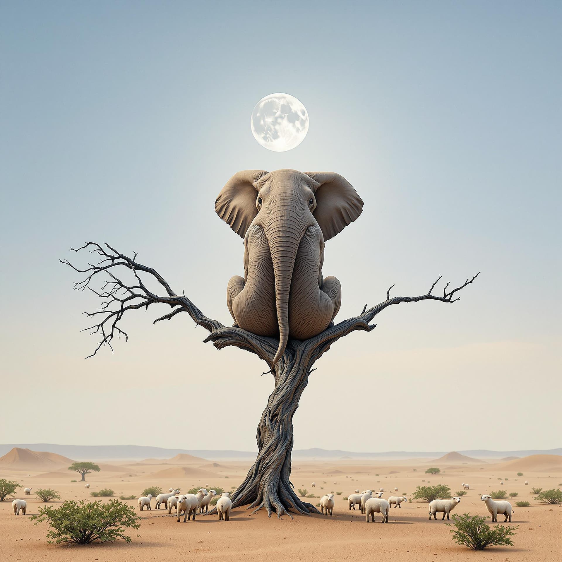 AI generated: A surreal depiction of an elephant, facing away the viewer, sitting on a thin, fragile looking bare ...