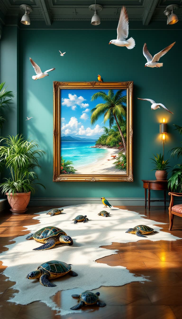 AI generated: A surreal photograph of a tropical oasis seeping out of an oil painting on a museum wall and onto th...