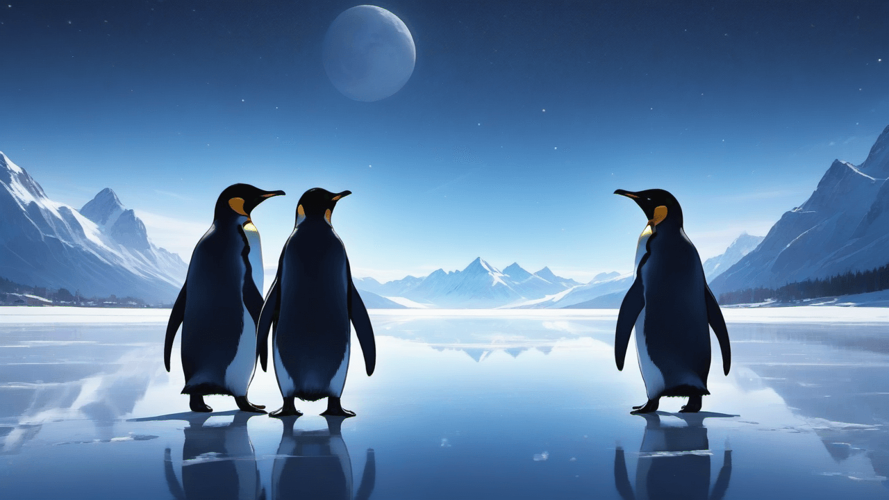 AI generated: only two magical young penguins by a frozen lake, out of focus mountains in the background, sharp na...