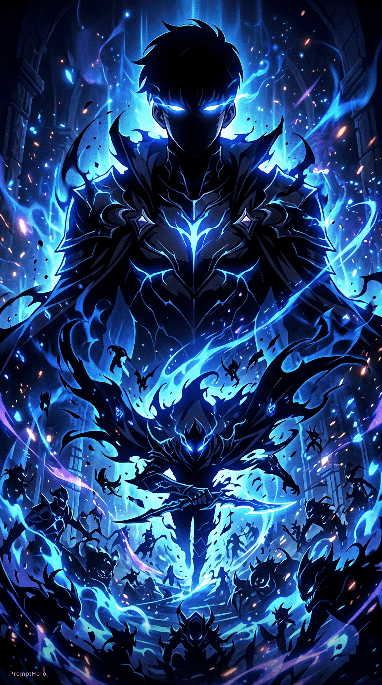 AI generated: Create a promotional poster of a SOLO LEVELING-themed character with a vertical Facebook portrait po...
