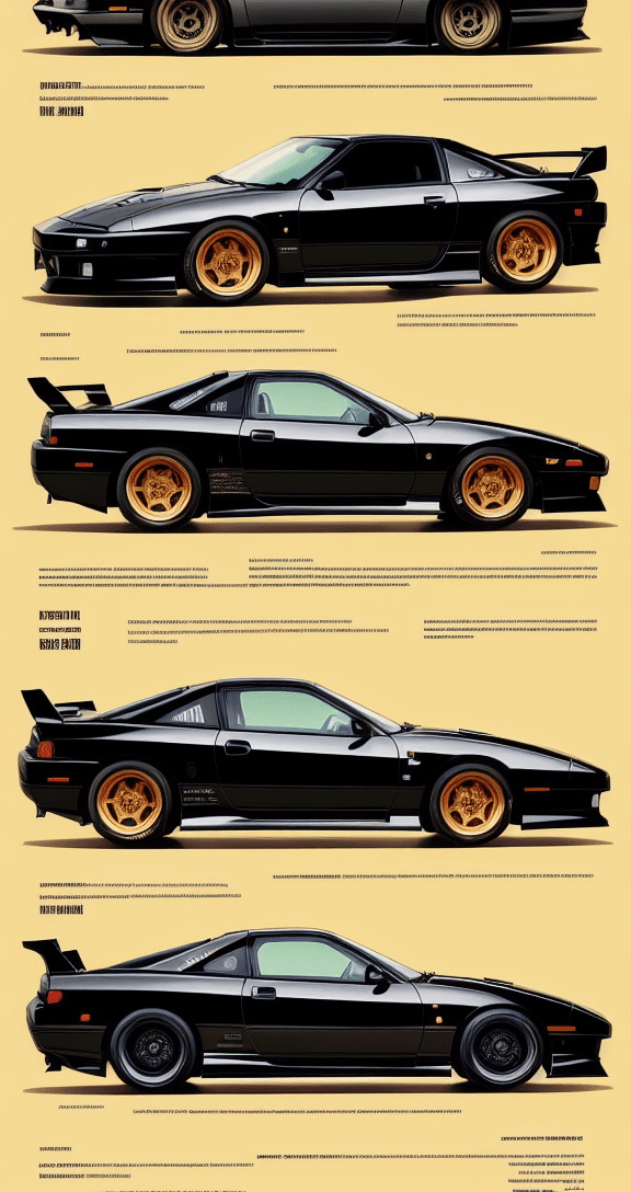 AI generated: highly detailed infographic of black nissan 180sx cars found in popular mechanics magazine | vintage...