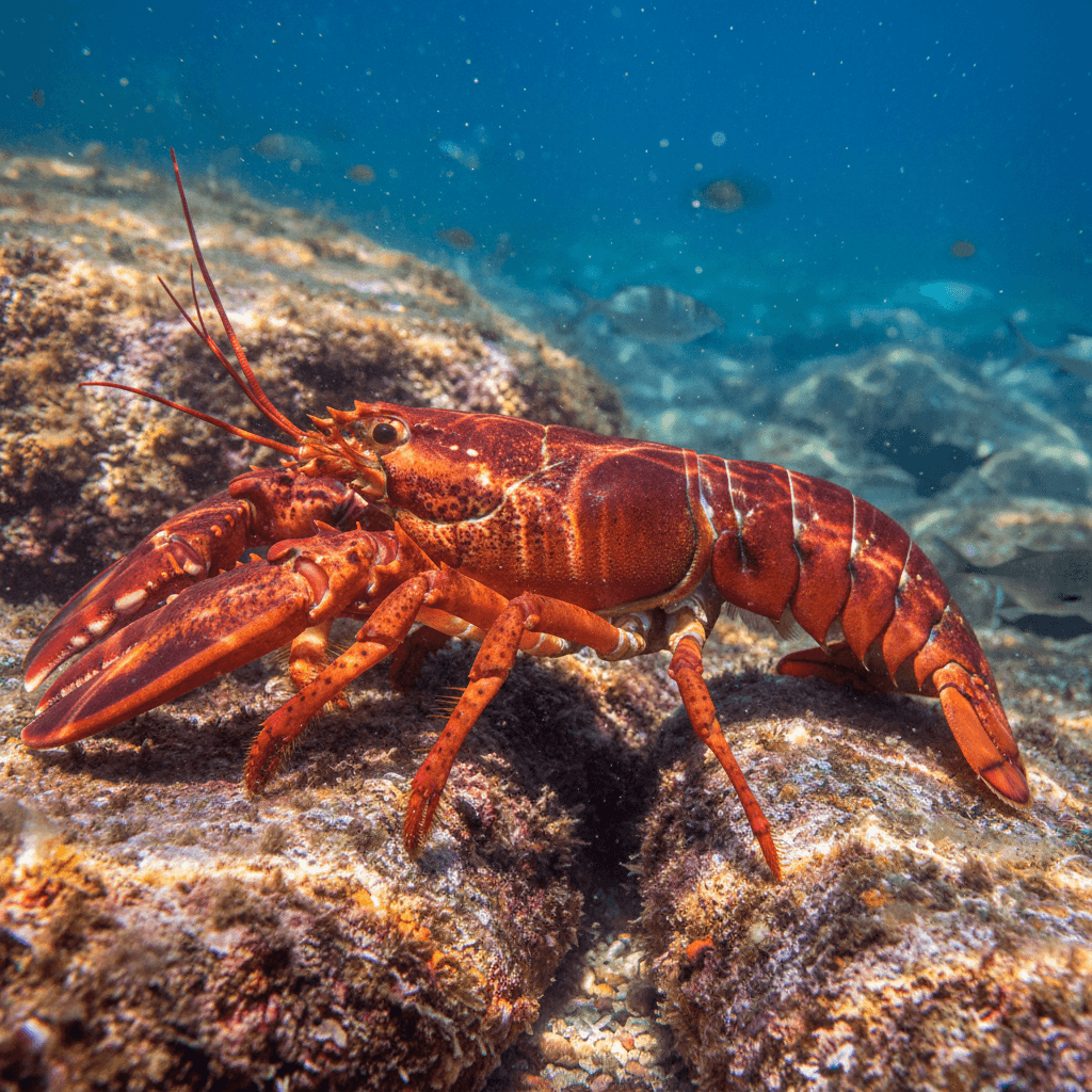 AI generated: "A lobster crawling on rocks — close-up, glowing shell reflections under water light"