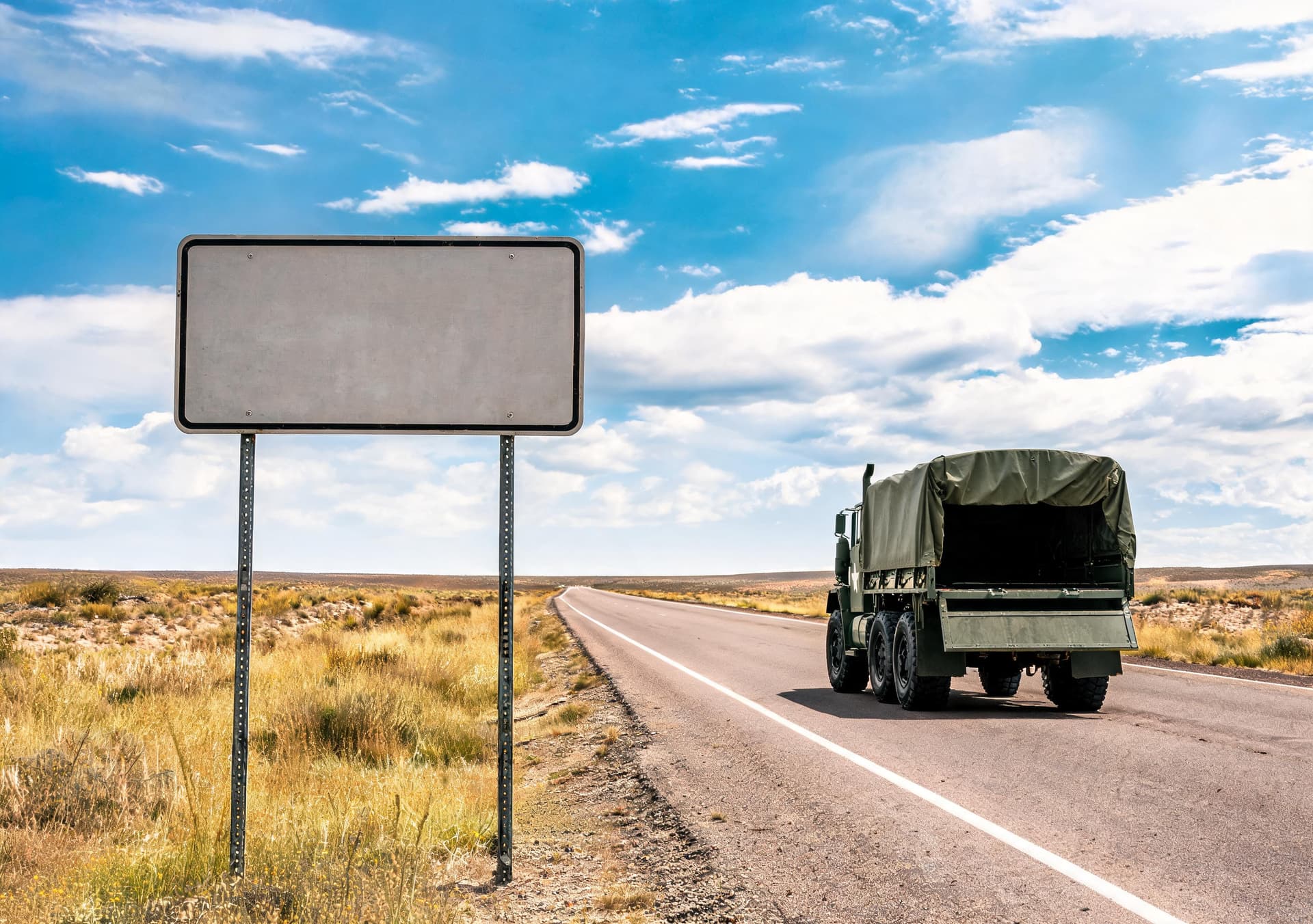 AI generated: Using the reference images, show from the vantage point behind the sign, as we watch the truck, with...