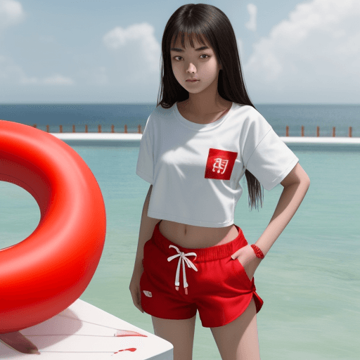 AI generated: asian 16 year old girl as a life gaurd, in sun, baggy white shirt, red shorts, full body, ultra real...