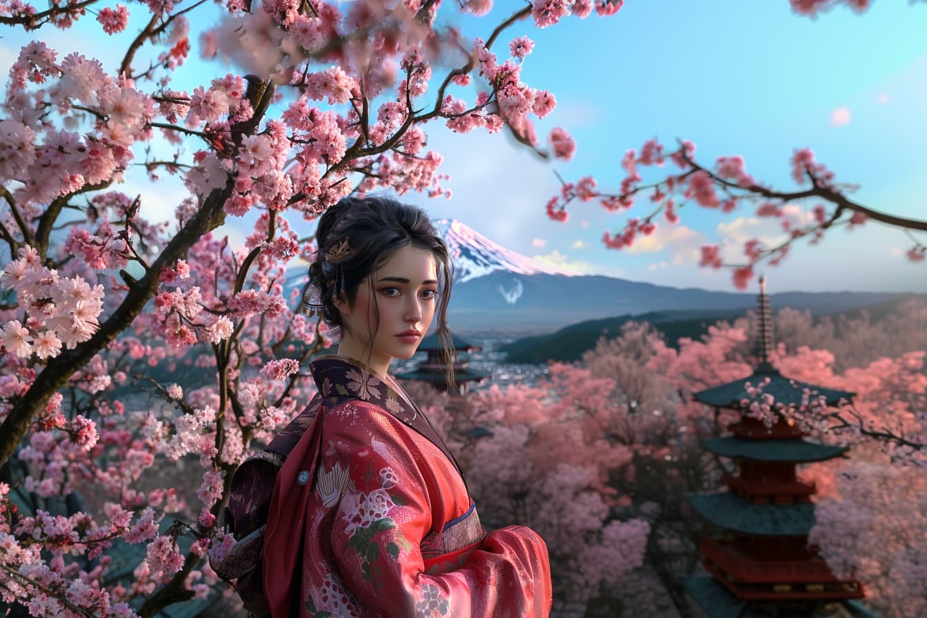 AI generated: a japanese supermodel girl 25 years in traditional japanse dress, light makeup, looking to viewer, c...