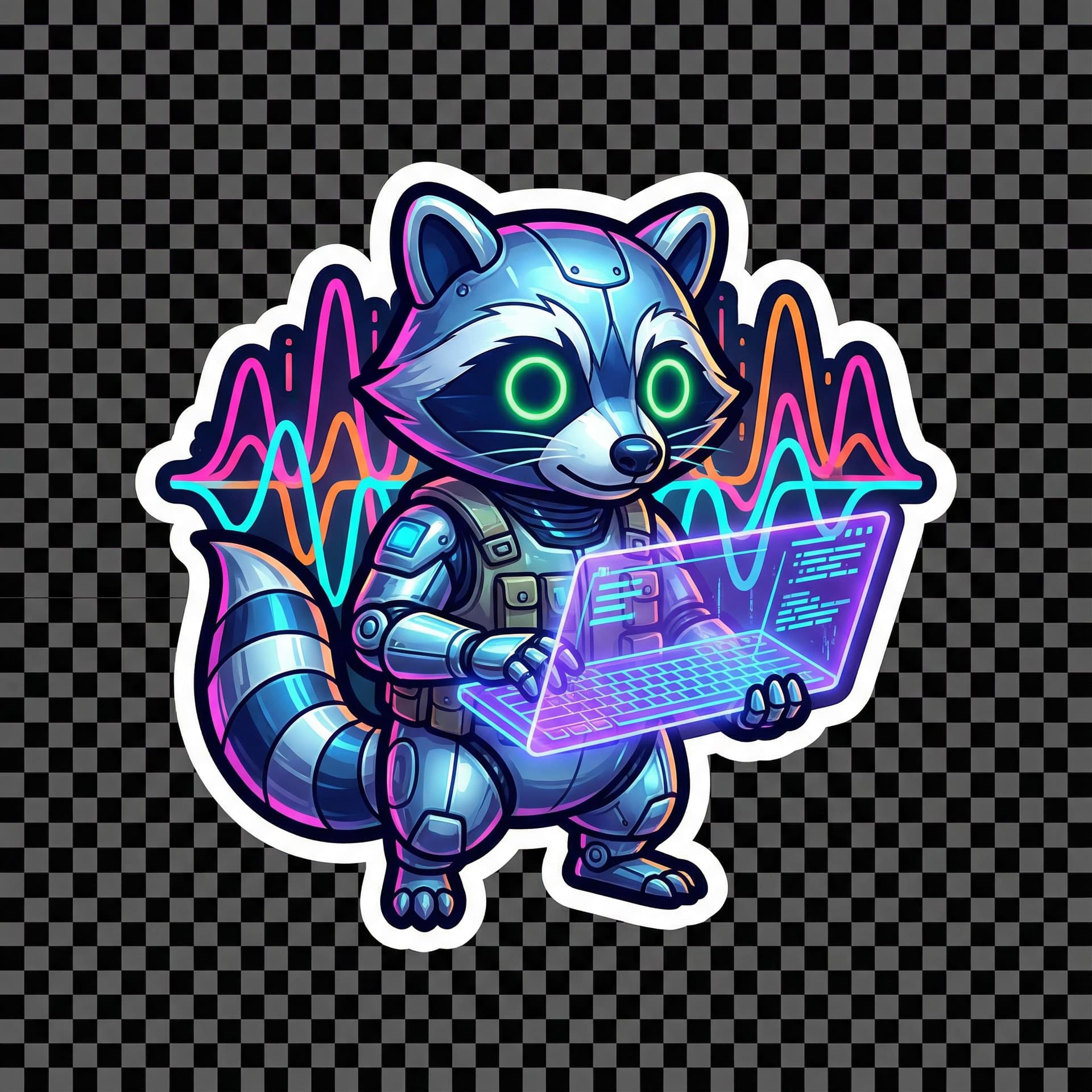 AI generated: Futuristic raccoon robot holding a holographic keyboard, glowing neon eyes, cyber city signal waves,...