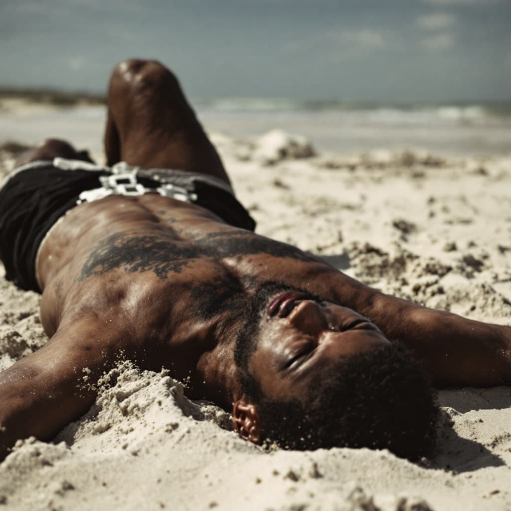 AI generated: Hot black male shirtless with boxers lying on sand