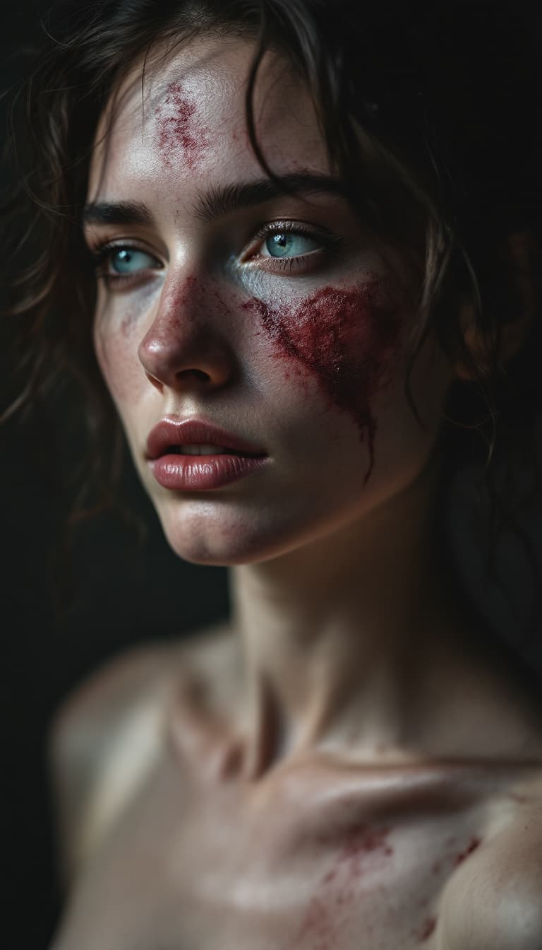 AI generated: high-resolution photograph, woman, ugly scar in the face, exposed body,  stunning use of shadows, in...