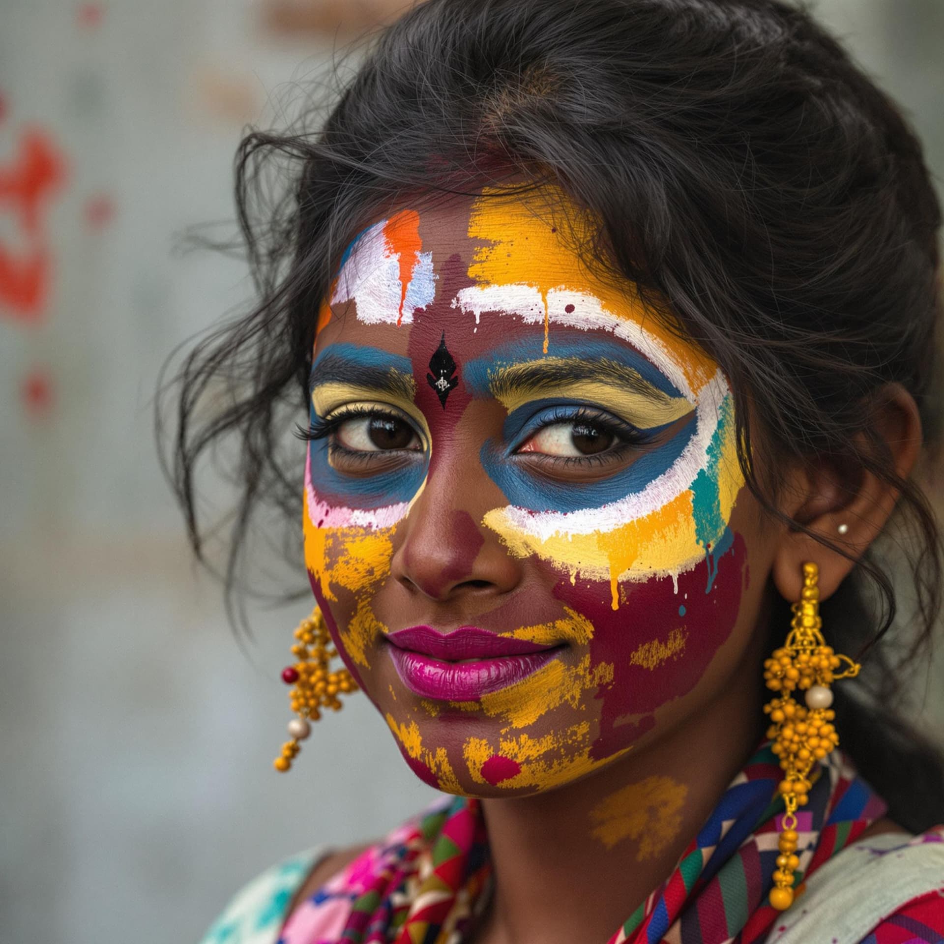 AI generated: Modern Indian Kerala girl with paint on her face, in the style of different colors, master of ink, a...