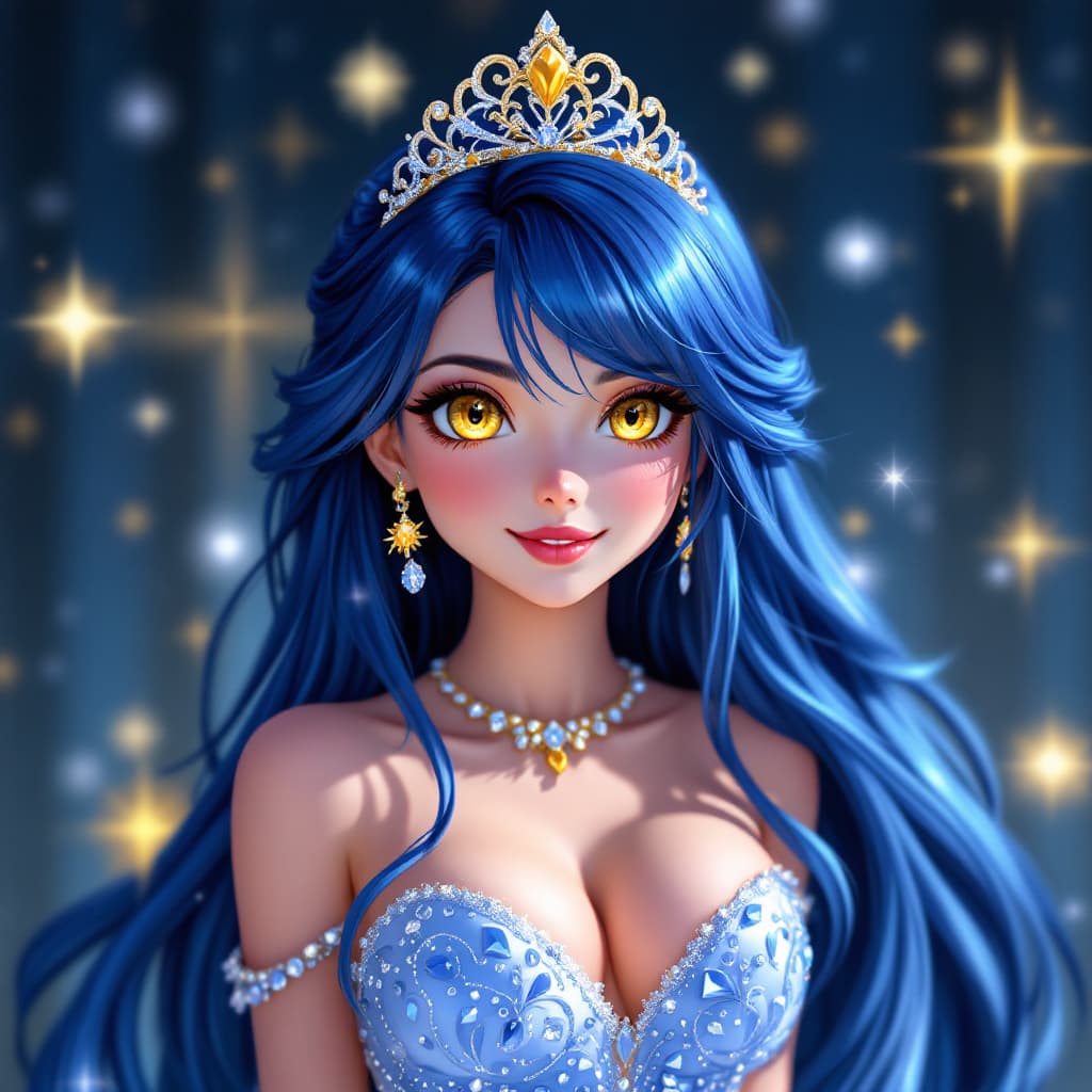 AI generated: Anime Princess , long blue hair, yellow eyes, Tiara, rhinestone gown.