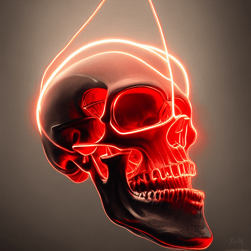 AI generated: artwork of a cyberpunk skull, connected to thick metal cables all around, in the style of dmitri dan...
