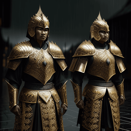 AI generated: 12th-century Majapahit warriors in Patih Gaja Mada style, intricate black and gold Majapahit armor, ...