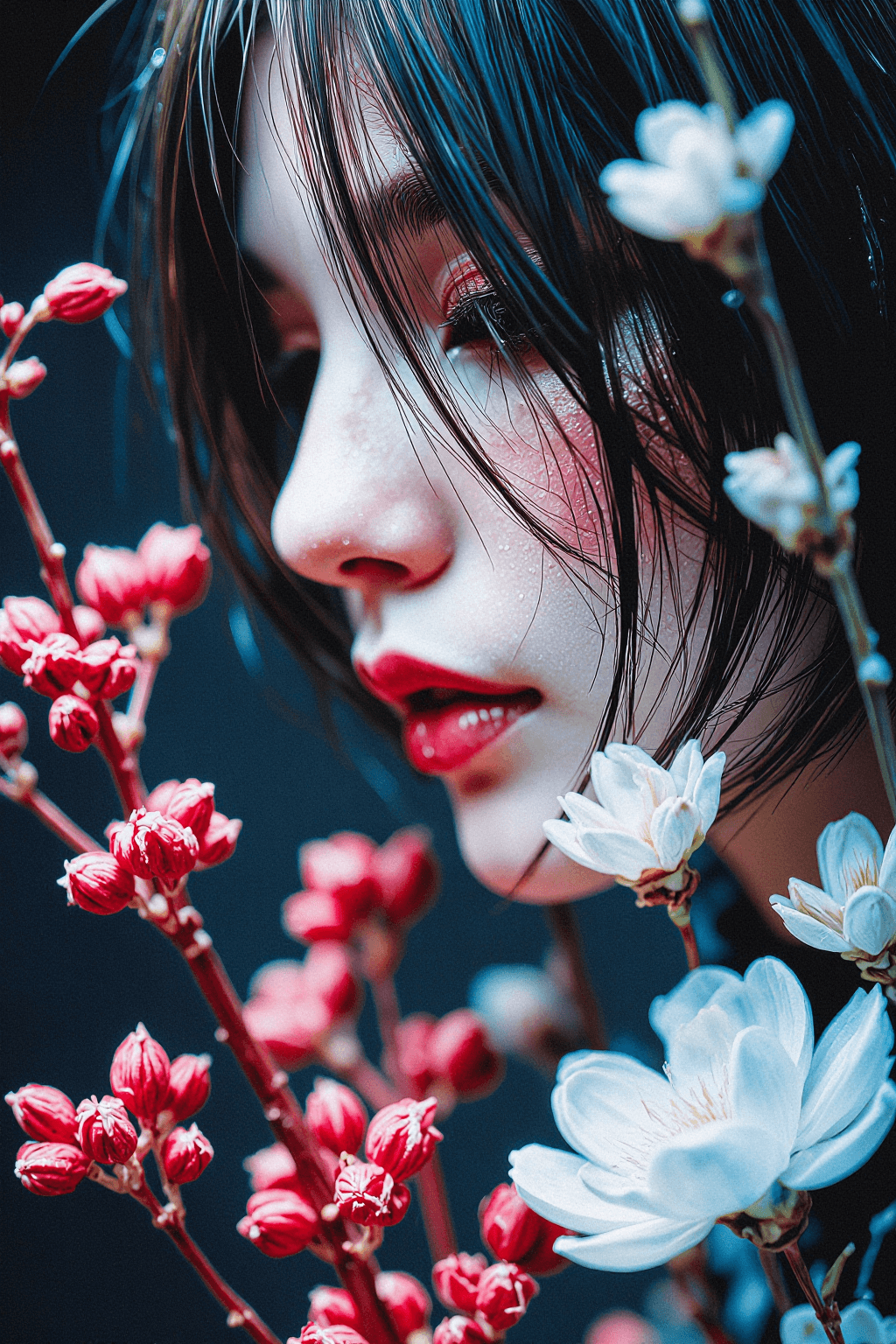 AI generated: A close-up profile portrait of a Japanese woman with dark hair and fair skin, facing left, surrounde...