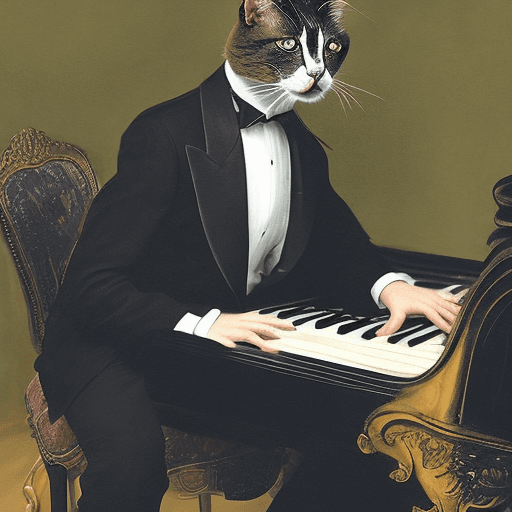 AI generated: Cat playing the piano in a black suit
