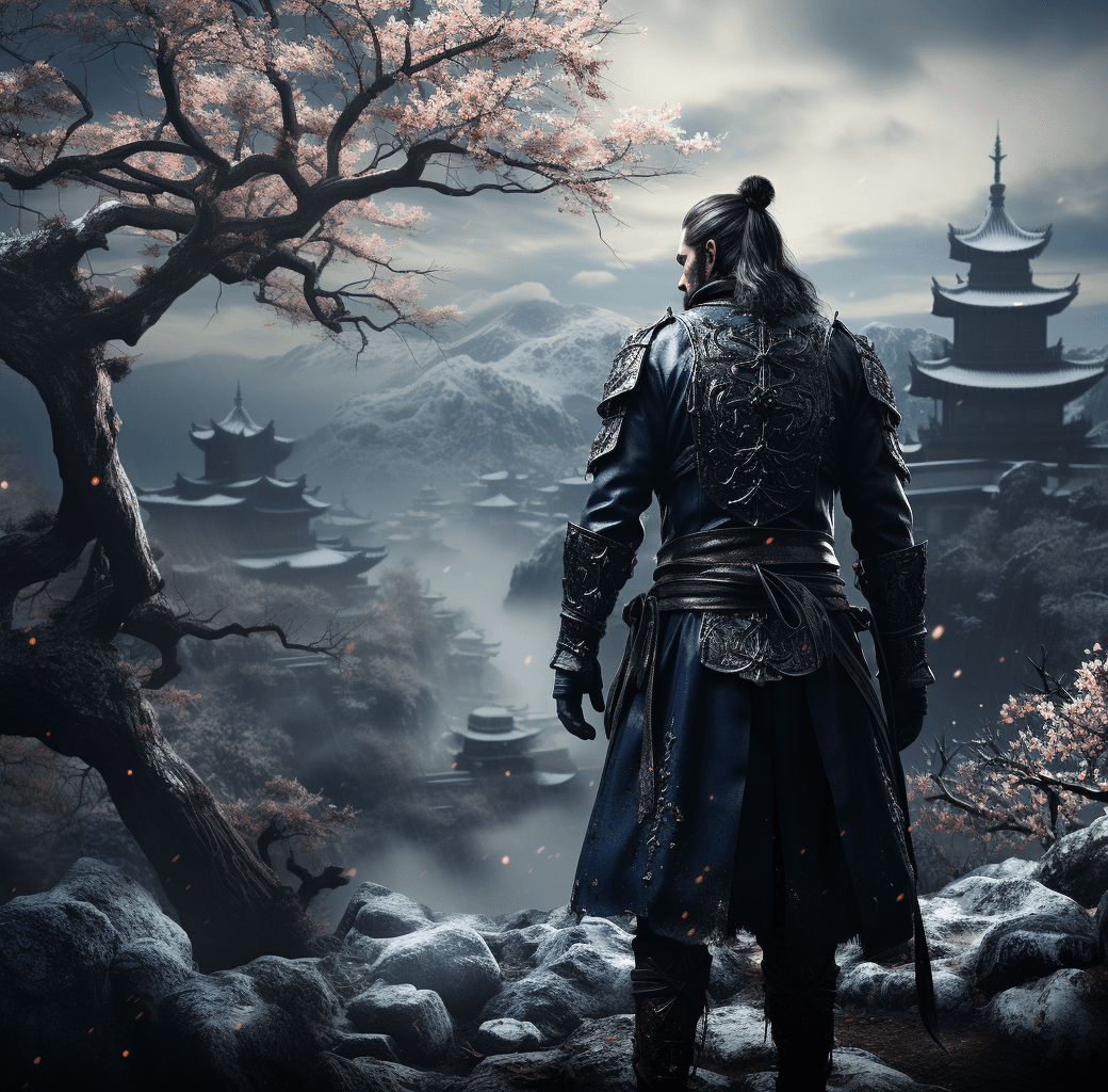 AI generated: samurai swords video game is a 3d animation, in the style of photorealistic painting, snow scenes, t...
