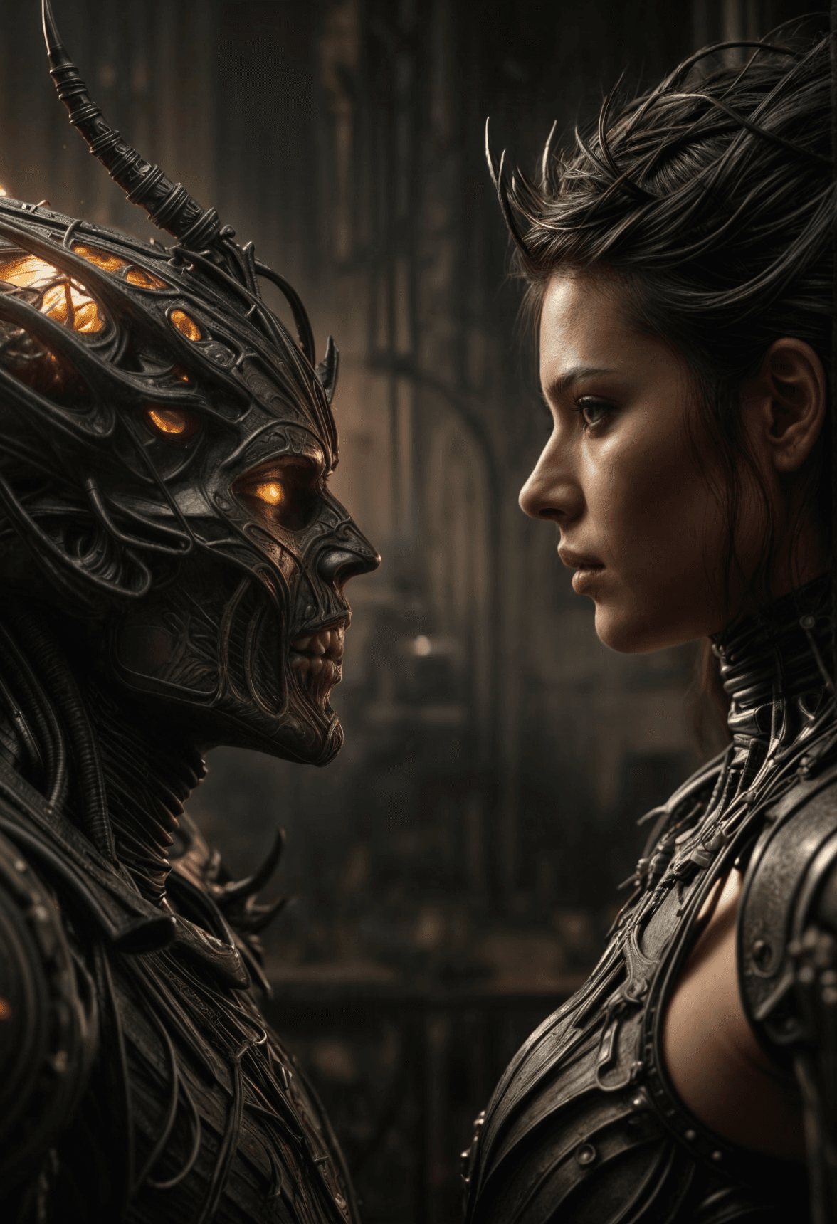 AI generated: conflict scenes between an angel and a demon,in a fantasy world,very inspired by H.R.Giger and Guill...