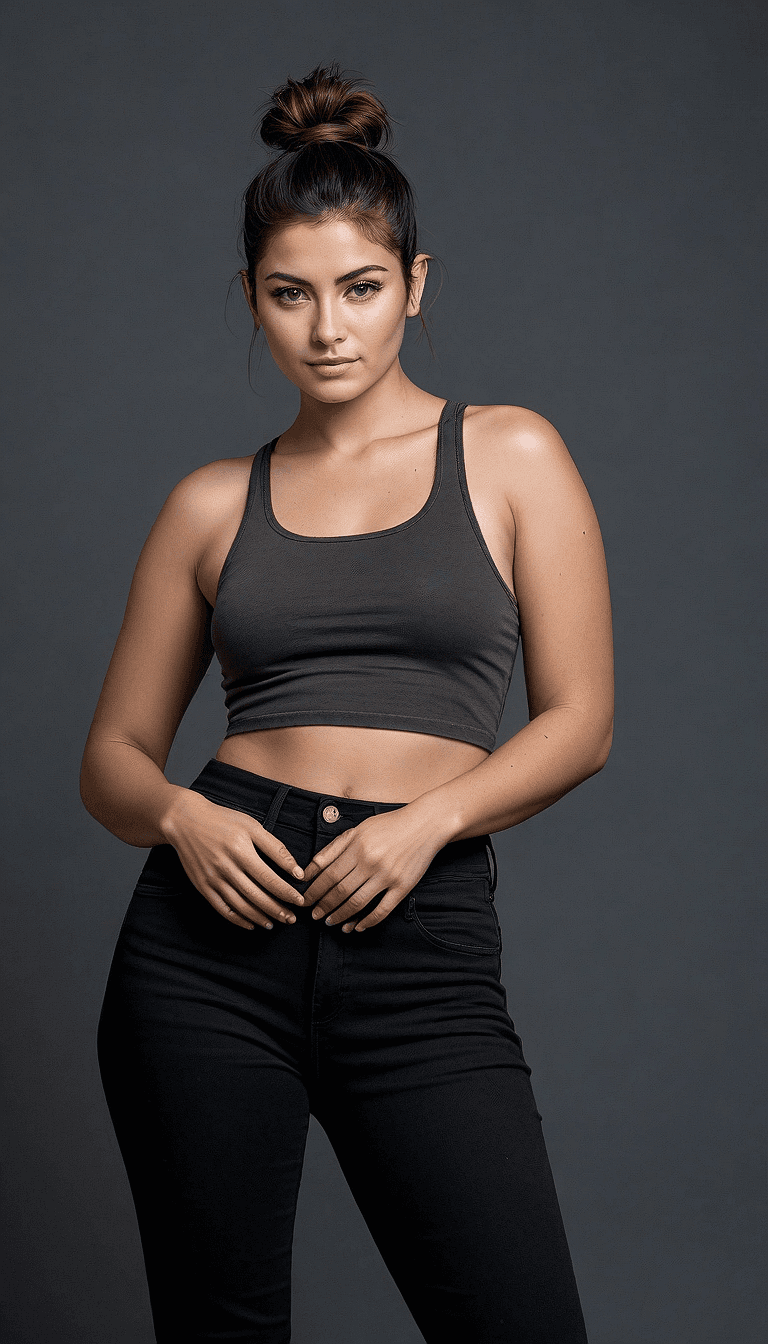 AI generated: The picture captures an elegant young woman dressed in a tank top and black pants, standing in a dim...