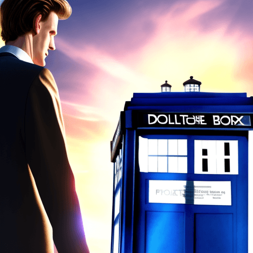 AI generated: Matt smith as the doctor beside the TARDIS low angle while the sun is rising and shining on the text...
