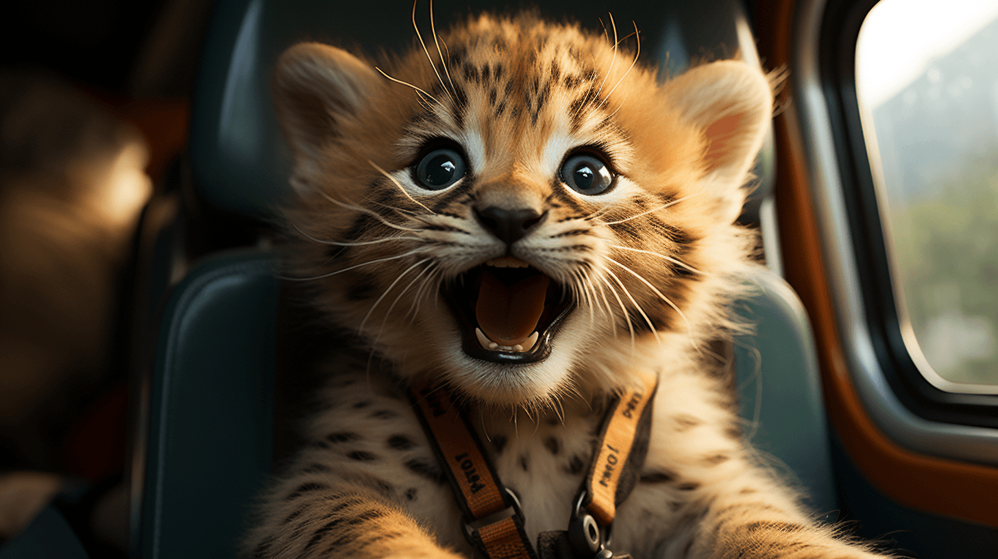 AI generated: baby leopard in a car seat with open mouth, in the style of 8k, scoutcore, tilt-shift lenses, wimmel...