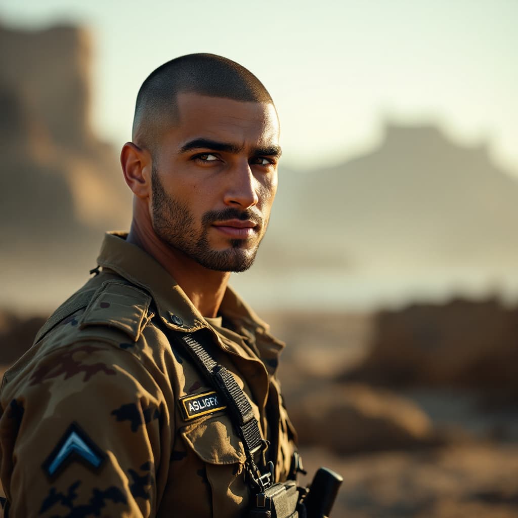 AI generated: photography, dynamic shooting,
distance range, Egyptian man ,buzz cut , upper-body,
staring into the...