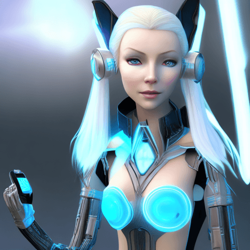 AI generated: Elf Galadriel dressed in a robot outfit in the dark and having a earphone, in the style of daz3d, an...