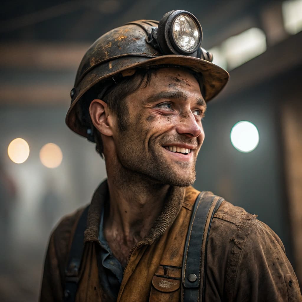 AI generated: gorgeous man dressed as miner, dirty skin, dirty clothes, smile, attractive, flirting, (((full body ...
