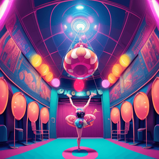 AI generated: Pomni, elevator, fisheye lens, vibrant circus-themed background, surreal lighting, neon colors, dyna...
